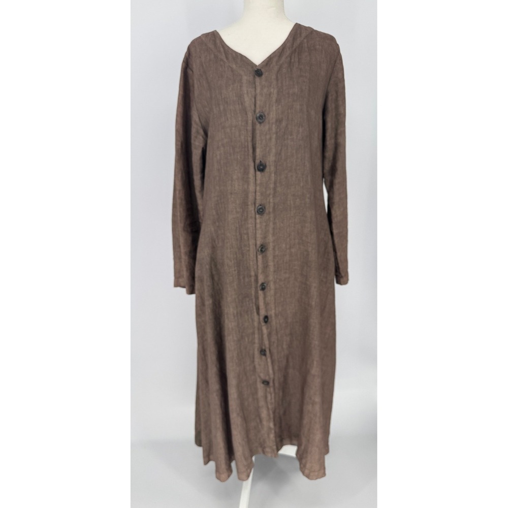 Shack Inc 100% Linen Button Front Midi Dress S Brown Lagenlook Minimalist Earthy